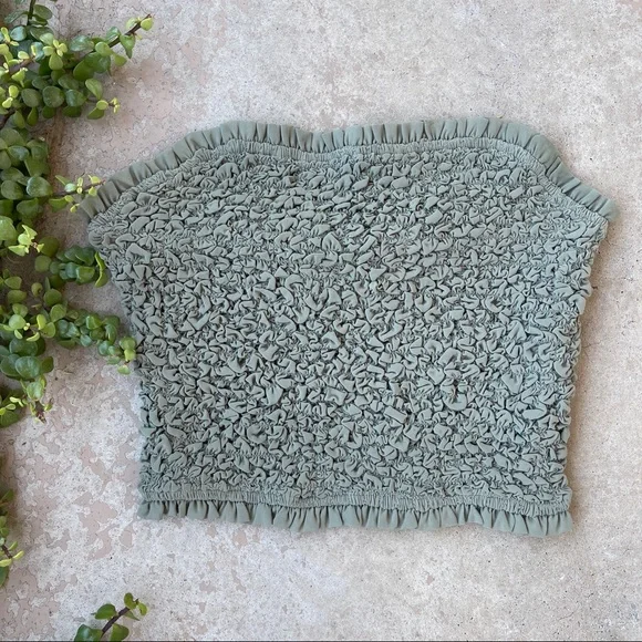 Ramy Brook Smocked Popcorn Stretch Tube Top in Olive, Fits a Large - Picture 2 of 4